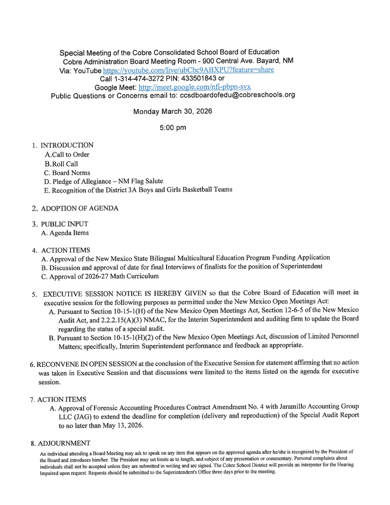 special meeting Agenda