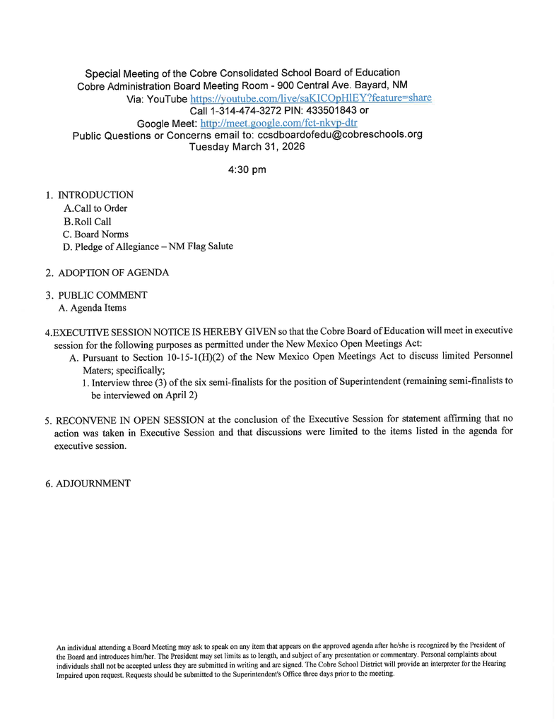 special meeting Agenda