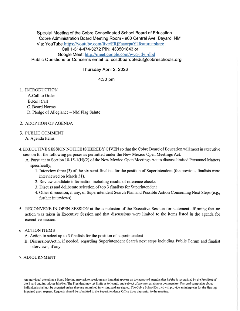 special meeting Agenda