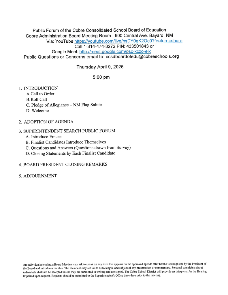 public forum agenda