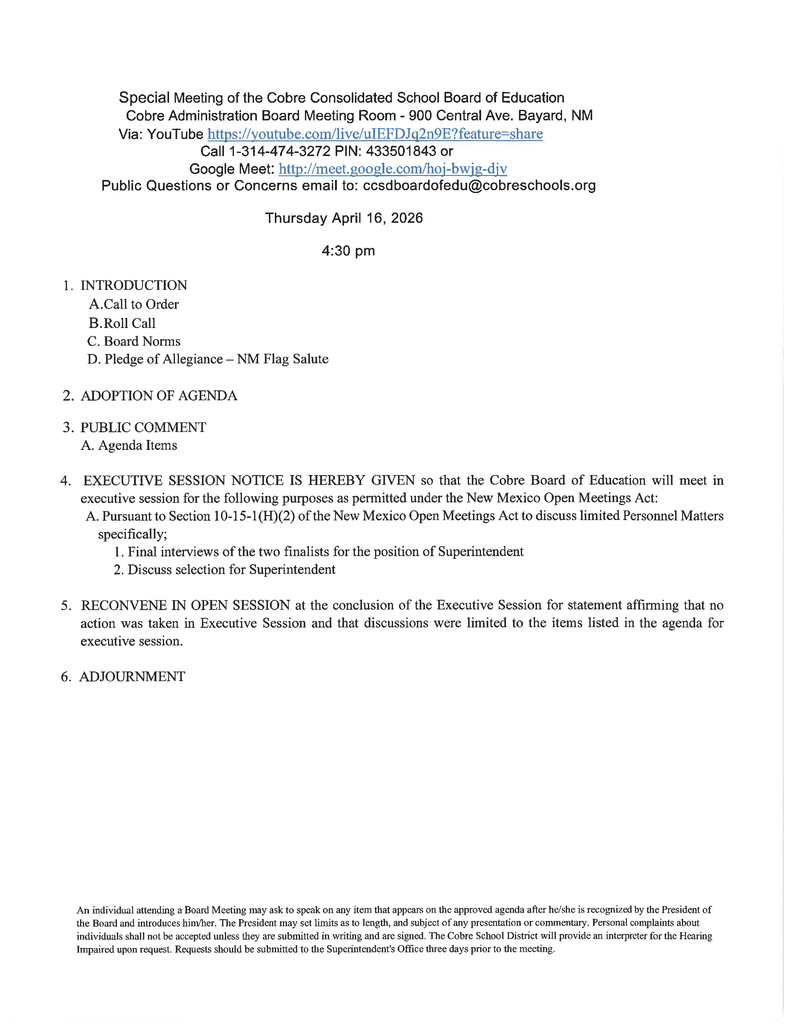 special meeting Agenda