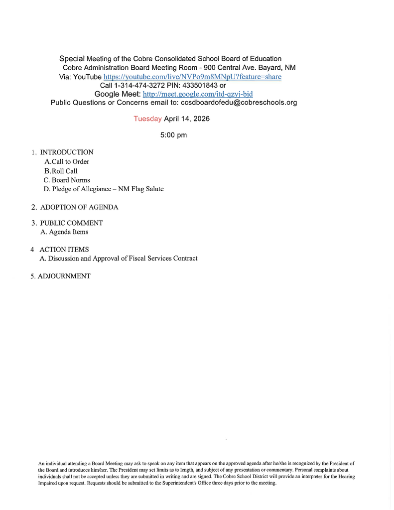 special meeting Agenda
