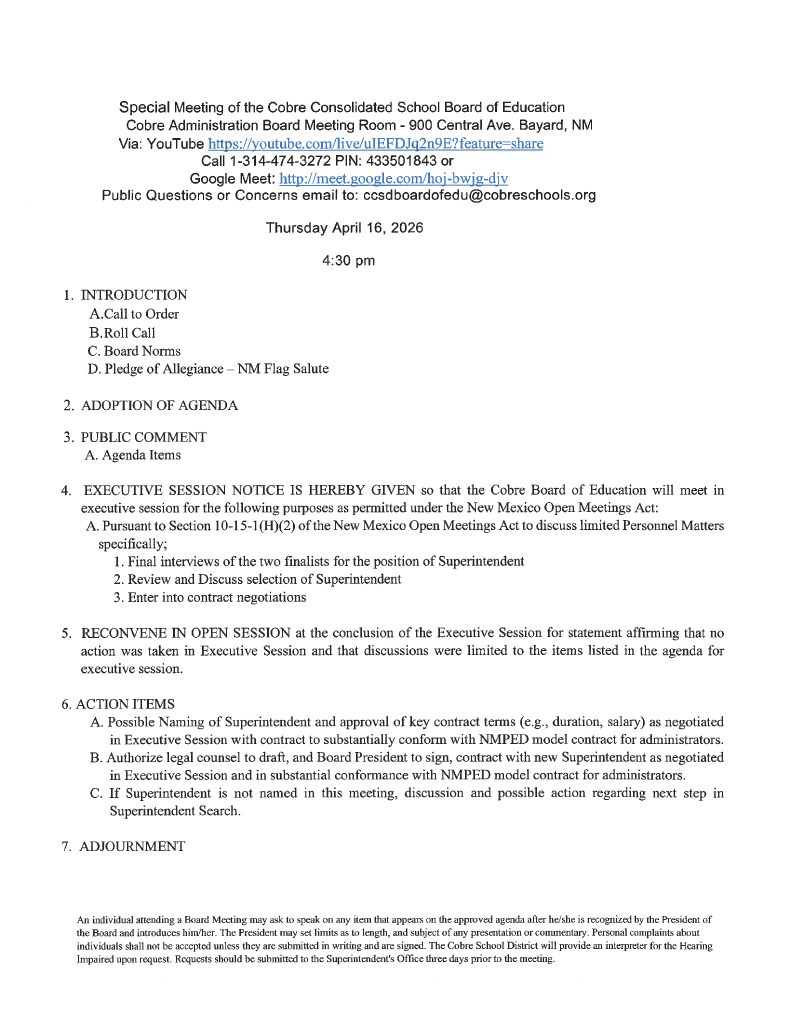 special meeting Agenda