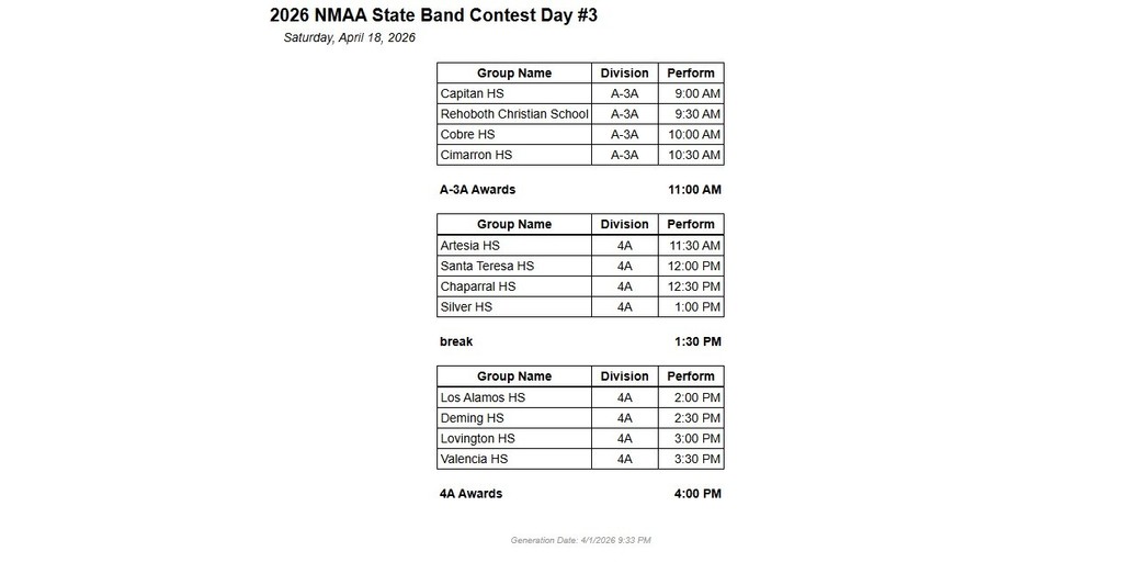 Band State Schedule
