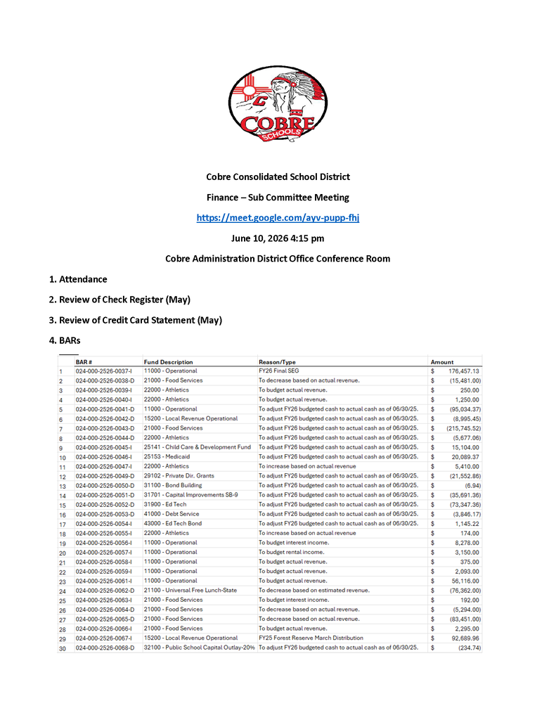 Finance Agenda Page 1
