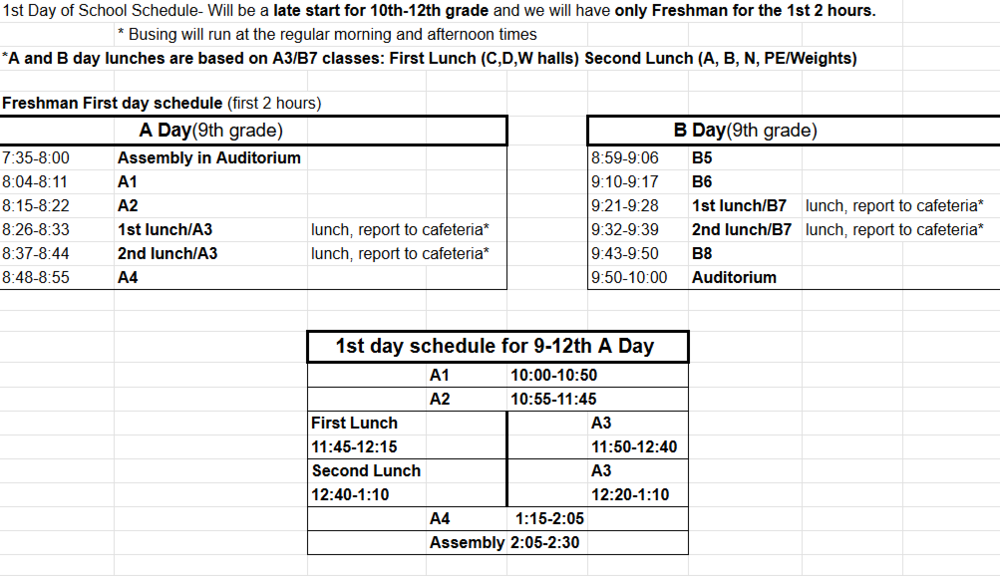 first day of school bell schedule