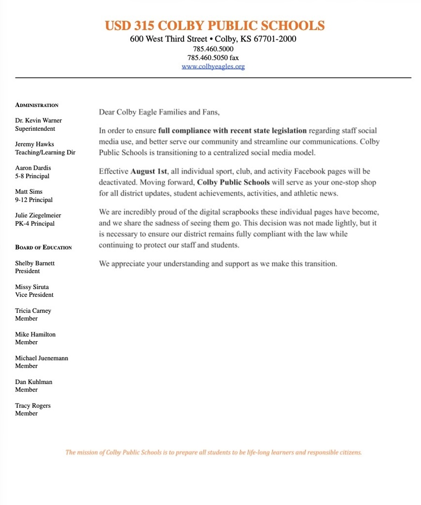 letter informing patrons of our social media platforms