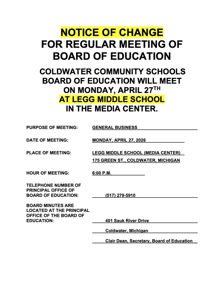 Notice of Change for Regular Meeting of Board of Education - April 27, 2026 at Legg Middle School