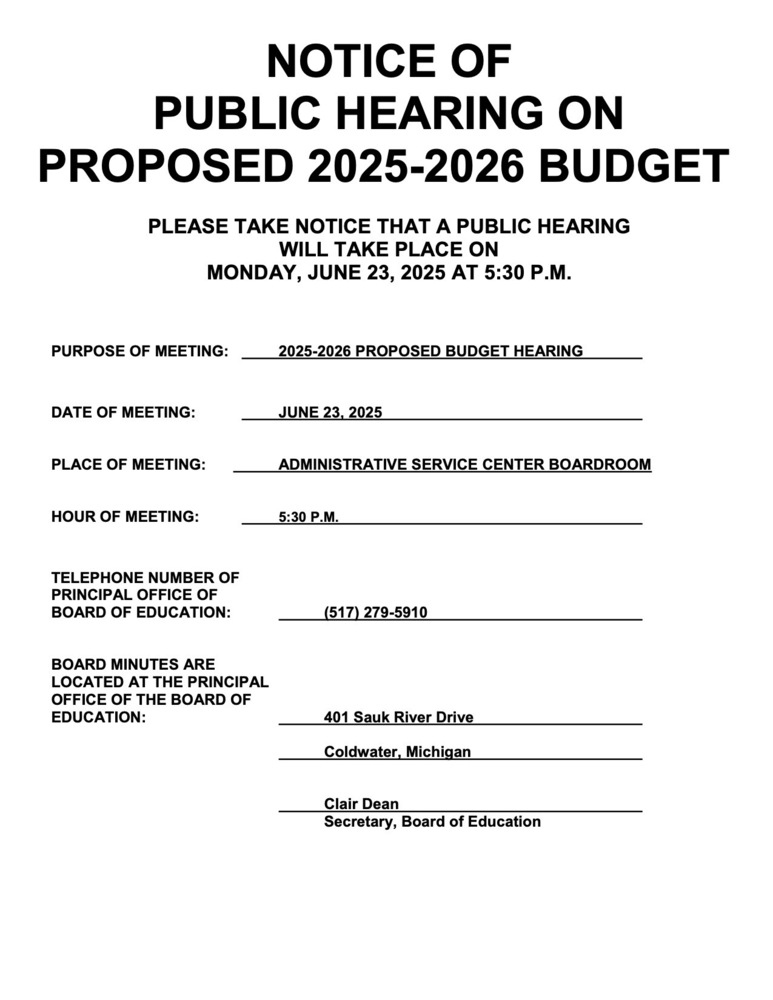 Notice of public hearing on proposed 2025-2026 budget