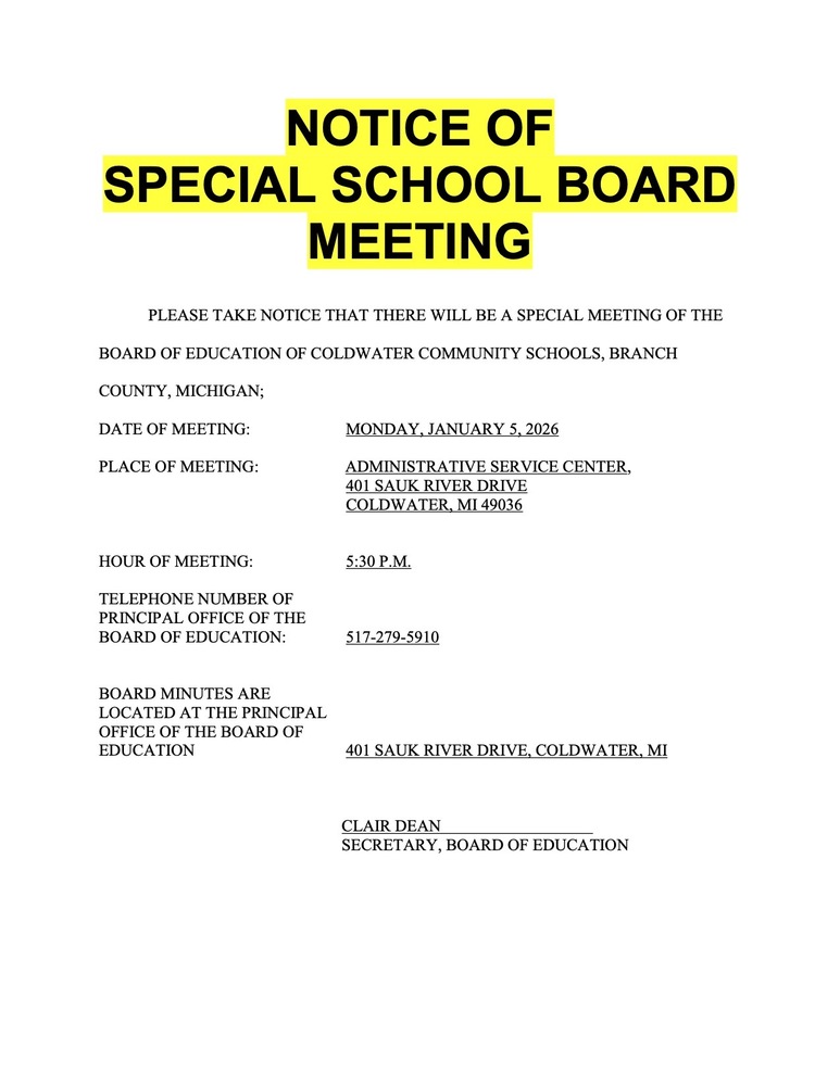 Notice of Special School Board Meeting, 1/5/2026
