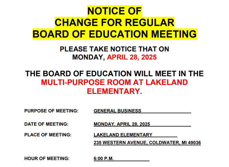 This month's board meeting will be at Lakeland Elementary School.