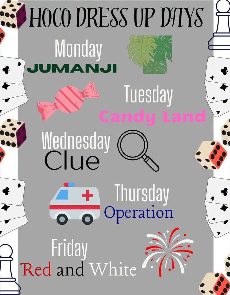 The dress-up days for CHS Homecoming 2026: "Jumanji" on Monday, "Candy Land" on Tuesday, "Clue" on Wednesday, "Operation" on Thursday, "Red and White" on Friday