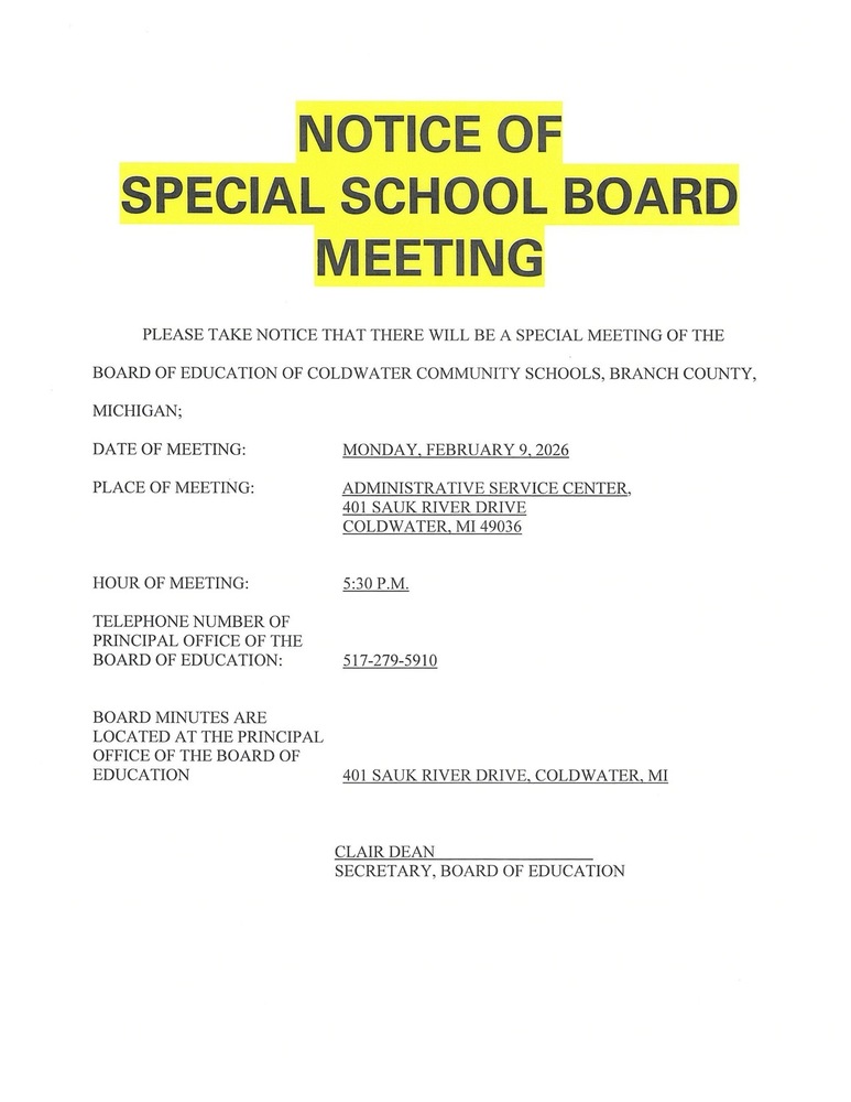 Notice of upcoming Special Board of Education Meeting, 2/9/2026