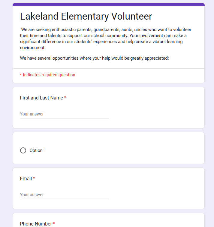 Lakeland Elementary Volunteer form