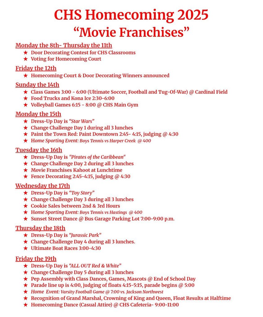 Homecoming Calendar of Events
