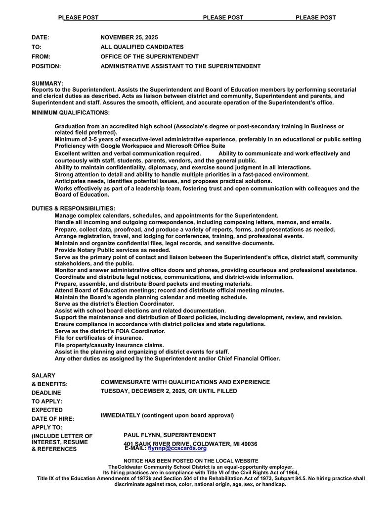 Job Posting for Administrative Assistant to the Superintendent