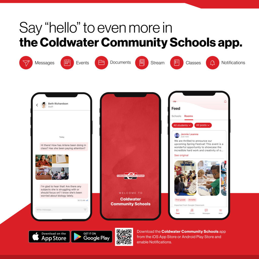 Say "hello" to even more in the Coldwater Community Schools app. Sign up to receive notifications from your child's teacher starting April 20th.