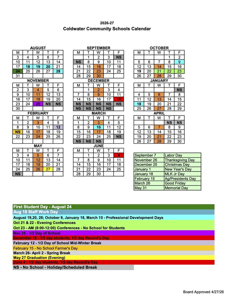 Grid version of the 2026-27 Coldwater Community Schools district calendar