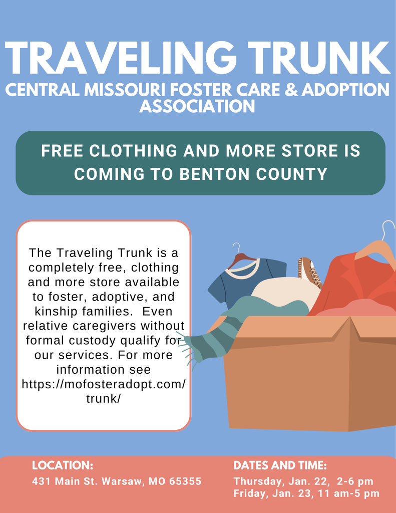 Traveling trunk free clothing at 431 Main St. Warsaw on Jan. 22 & 23