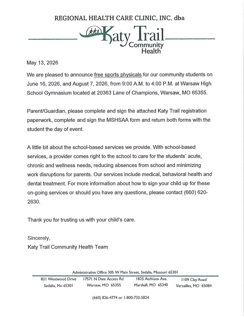 Katy Trail letter about physicals