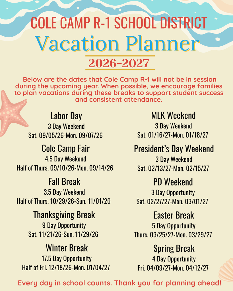 Vacation Planner for Cole Camp R-1 School District, listing dates that school will not be in session. 