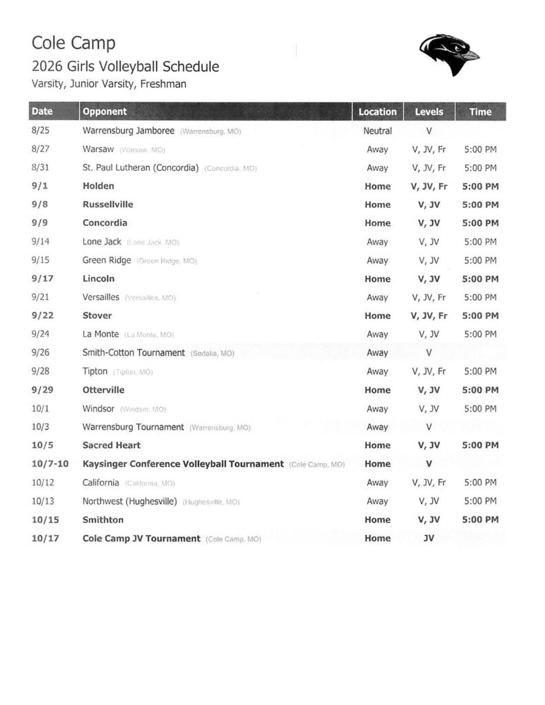 High School Volleyball Schedule for 2026 Season