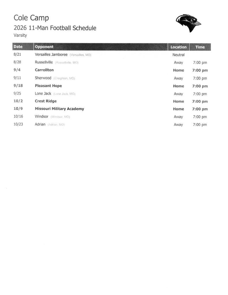High School Football Schedule for the 2026 Season