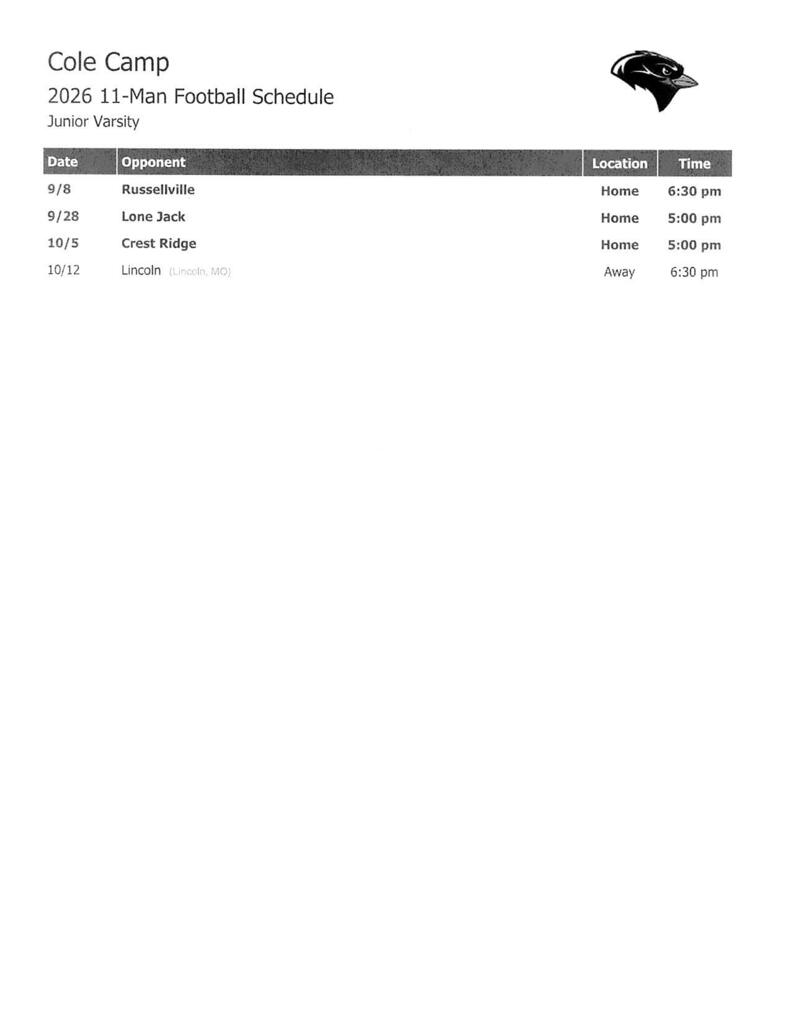 Junior Varsity Football Schedule for the 2026 Season
