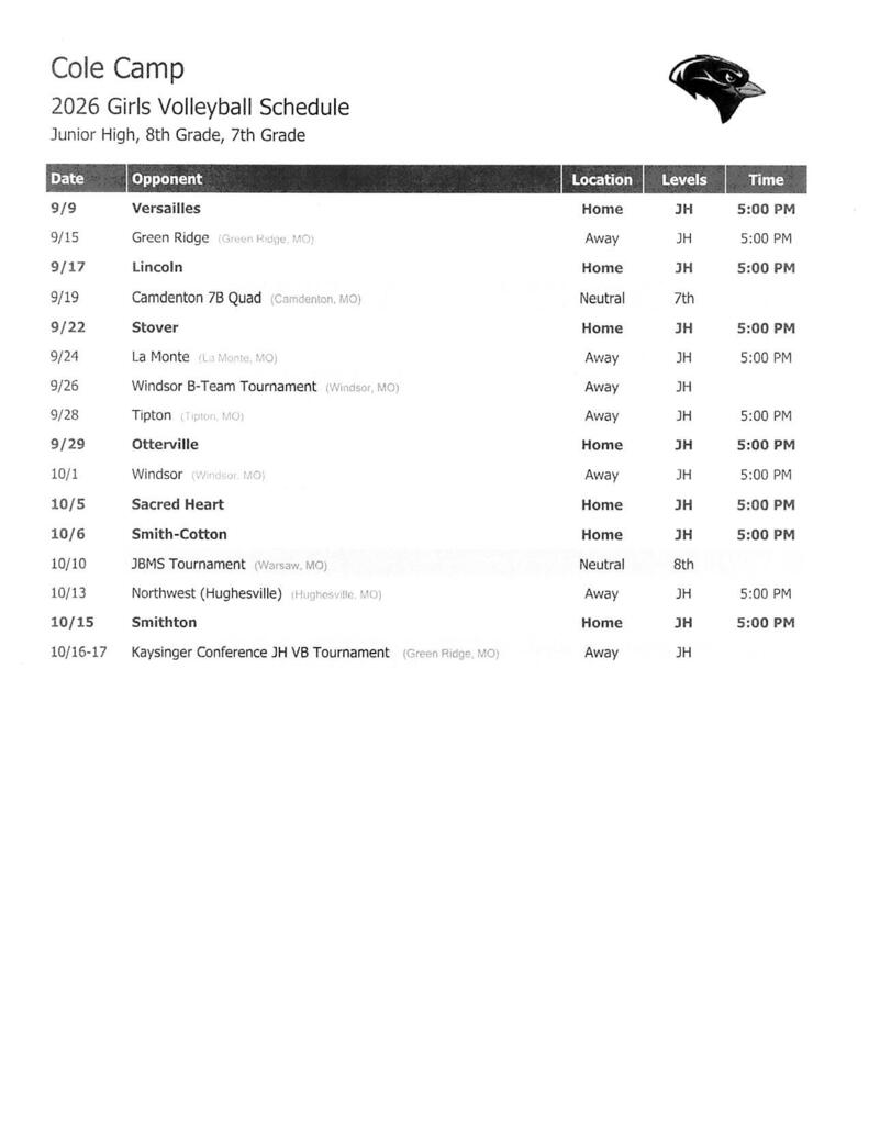Junior High Volleyball Schedule for the 2026 Season