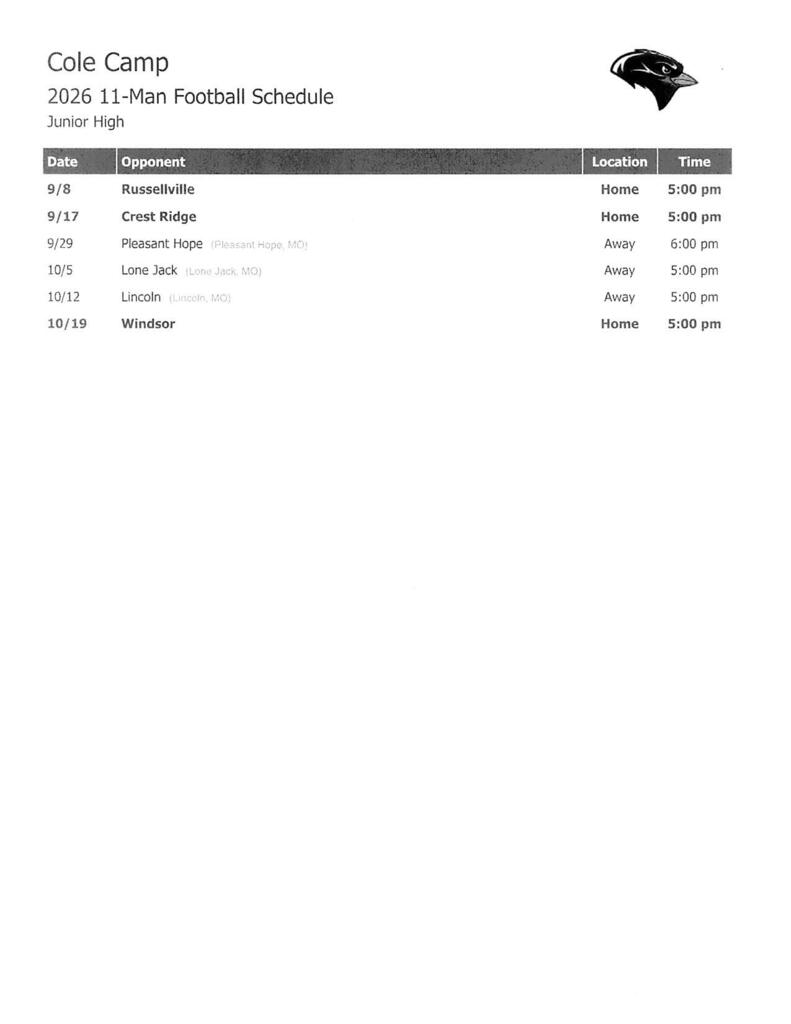 Junior High Football Schedule for the 2026 Season