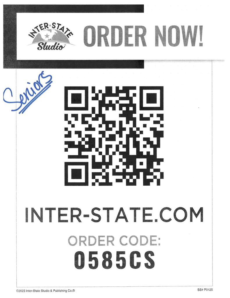 QR code for Senior Pictures:  website:  www.inter-state.com   Order code:  0585CS 
