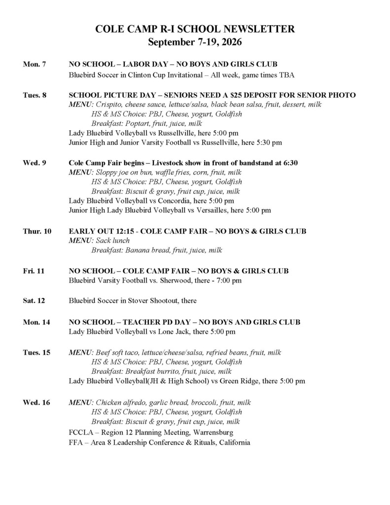 Newsletter Sept. 7-16, 2026 page 1