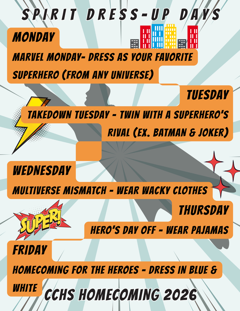 Marvel Monday - dress as favorite Superhero, Takedown Tuesday - twin with superhero's rival, Multiverse Mismatch Wednesday - wear wacky clothes, Hero's Day Off Thursday - wear pajamas, Homecoming for the Heroes Friday - wear blue and white