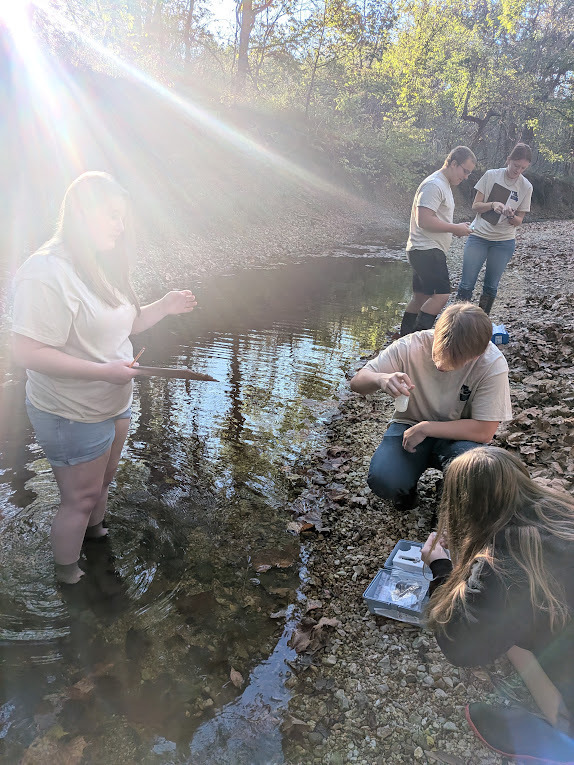 Maddi Root, Jaxon Alleman, Teagan Osborn and completing dissolved oxygen testing next to creek in wooded area.