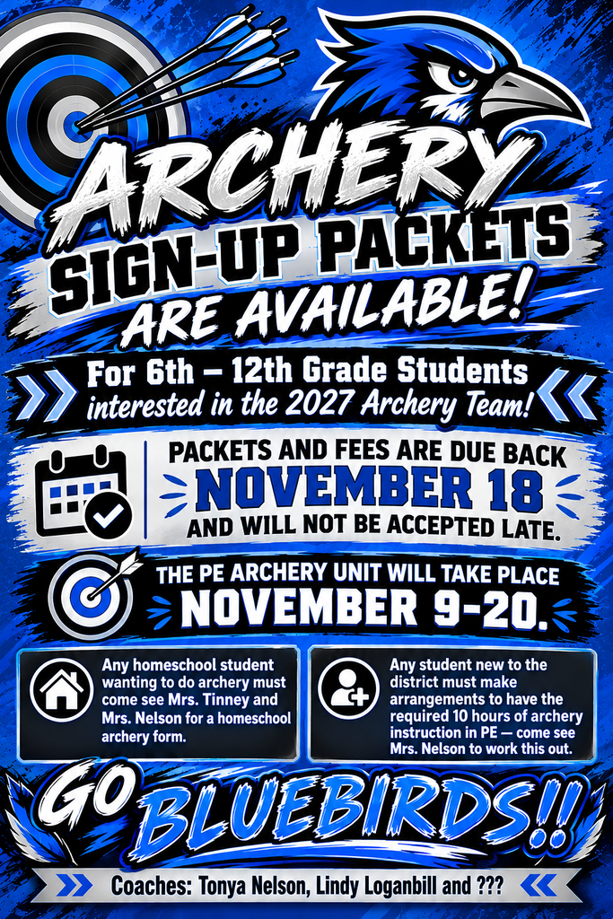 Archery sign-up packets will be AVAILABLE OCTOBER 15th. Packets & money will be DUE no later than NOVEMBER 18th. Late packets will not be accepted. Packets will be available outside of Mrs. Nelson's classroom. You must be on Stack Team App in order to be a part of the archery team to ensure that you are receiving all notifications. Download Stack Team App and add "CC Bluebirds Archery Team". Contact Mrs. Nelson with any questions: nelsont@colecamp.k12.mo.us