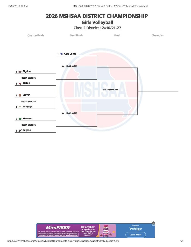 2026 Girls Volleyball District Tournament Class 2 District 12 Tournament Bracket