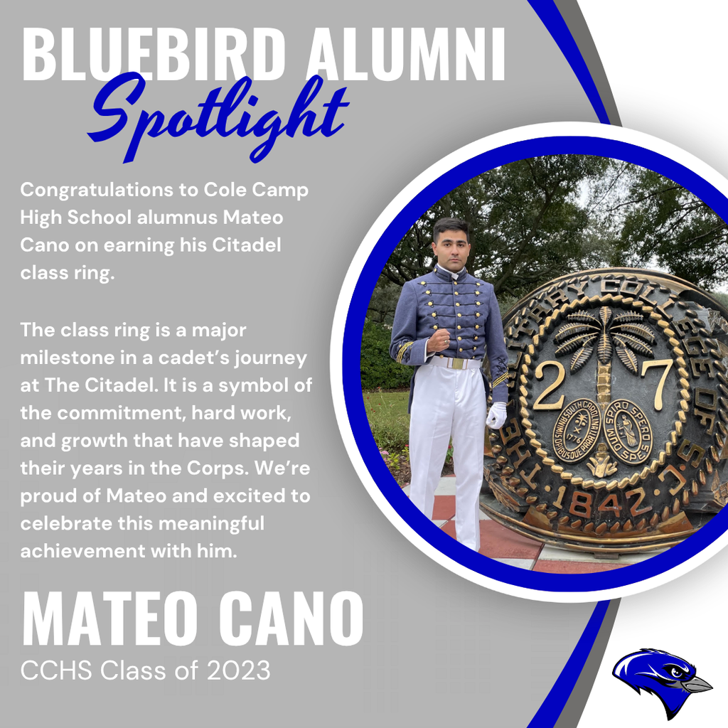 Congratulations to Cole Camp High School alumnus Mateo Cano on earning his Citadel class ring. The class ring is a major milestone in a cadet’s journey at The Citadel. It symbolizes the commitment, hard work, and growth that have shaped cadets' years in the Corps. We’re proud of Mateo and excited to celebrate this meaningful achievement with him. Mateo Cano - CCHS Class of 2023