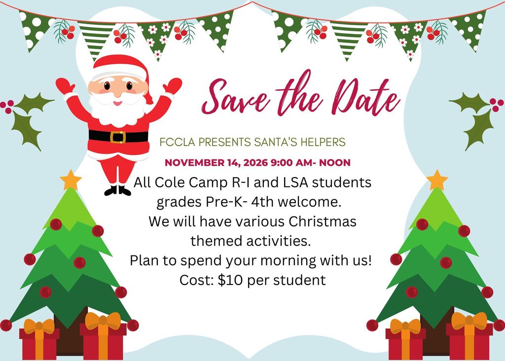 Santa's Helpers on November 14, 2026, 9:00 am-noon. $10 per student (PK-4th grade welcome)
