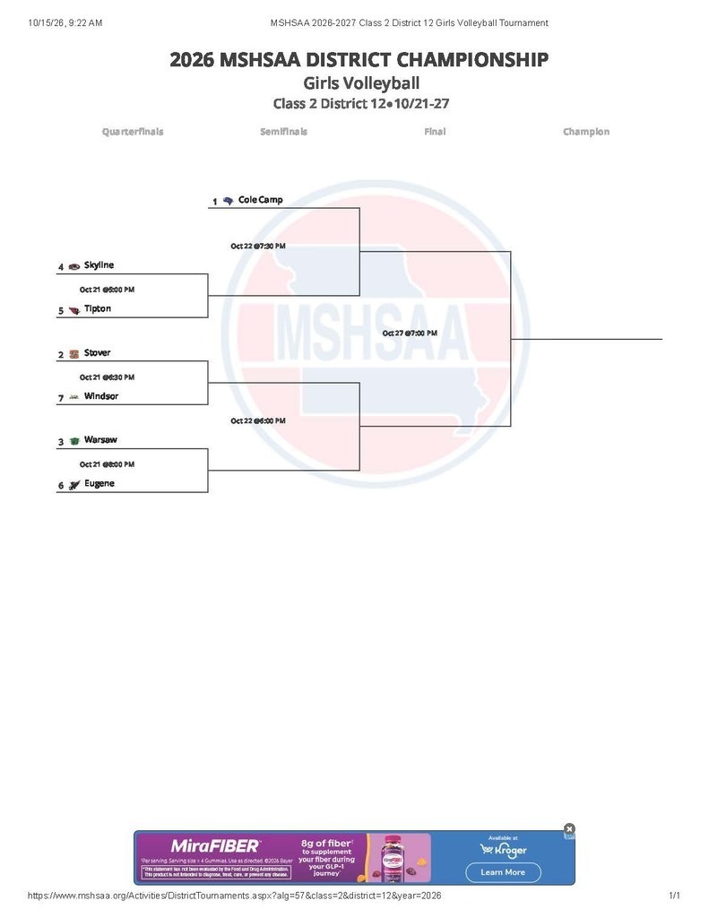 2026 Girls Volleyball District Tournament Class 2 District 12 Tournament Bracket