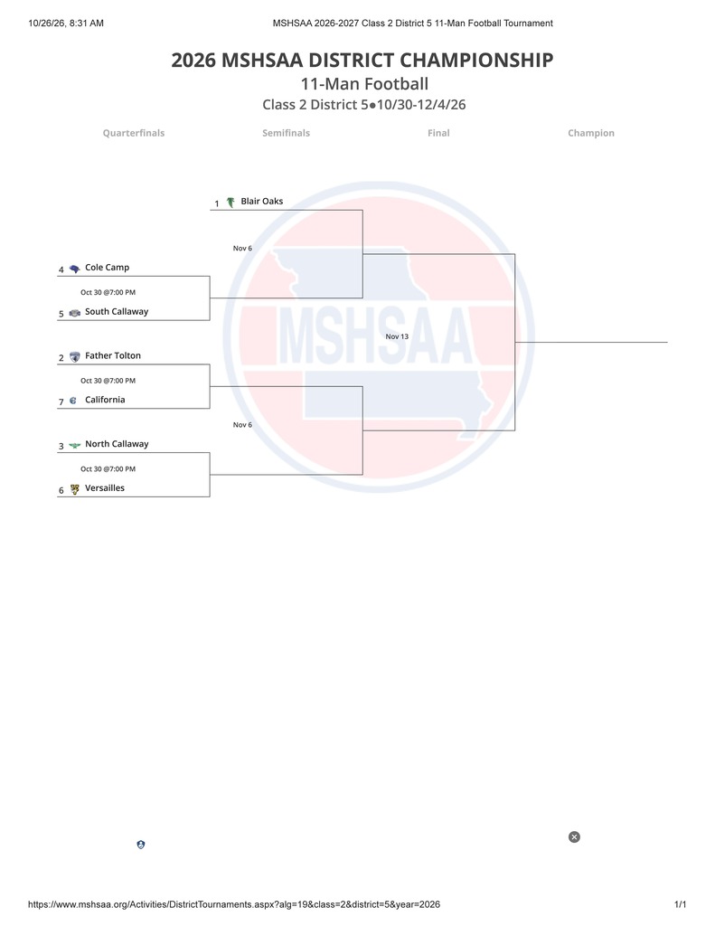 MSHSAA 2026-2027 Class 2 District 5 11-Man Football Tournament