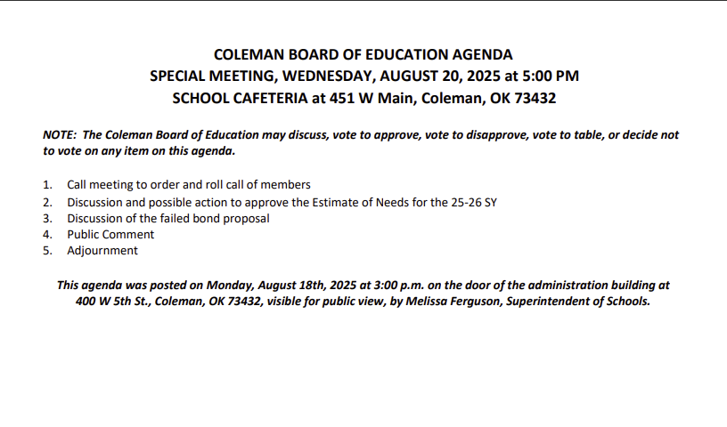 Special Meeting Board Agenda for August 20, 2025