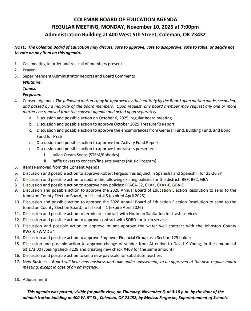 Board Agenda- November 10, 2025