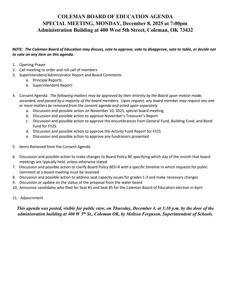 Board Agenda for  December 8th, 2025