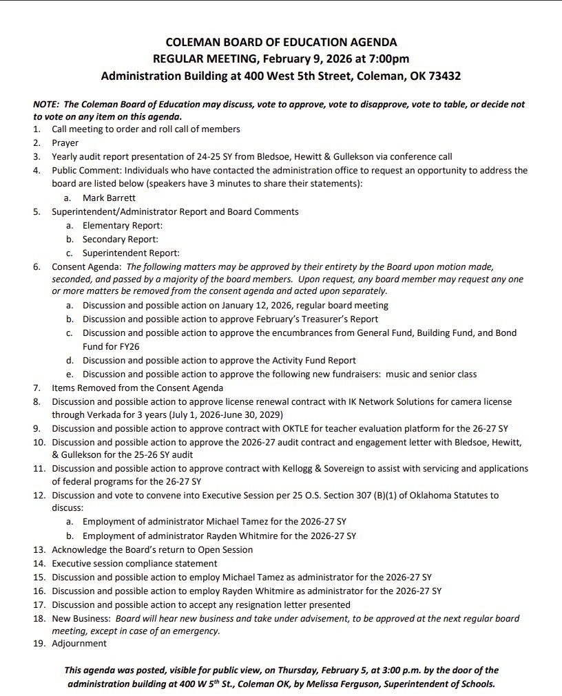 Board Agenda for February 9th, 2026