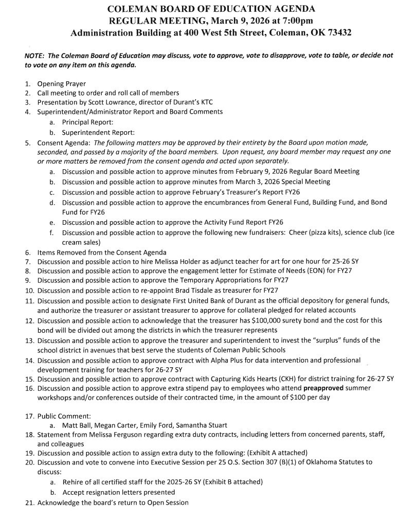 Board Agenda for March 9th, 2026- page 1