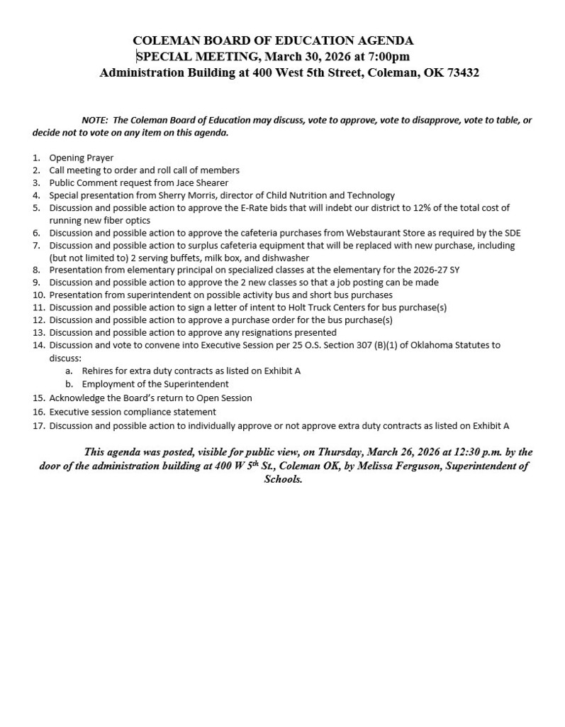 Special Board Meeting Agenda for March 30, 2026