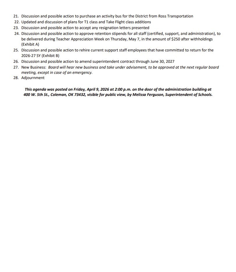 Board Agenda for April 13th, 2026
