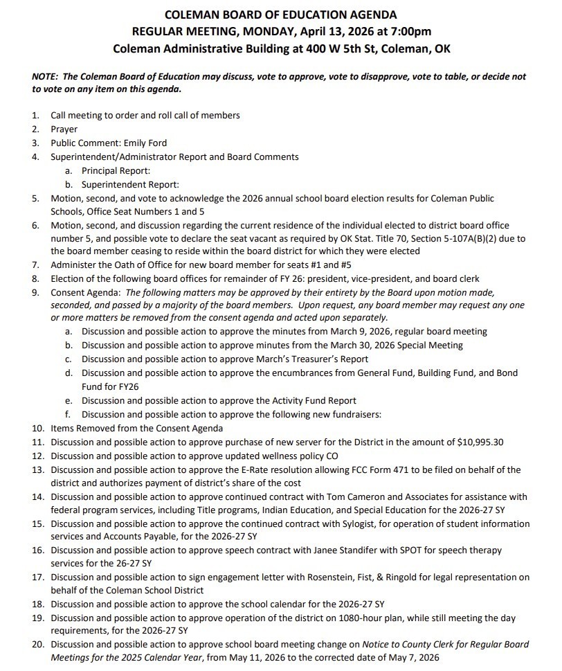 Board Agenda for April 13th, 2026