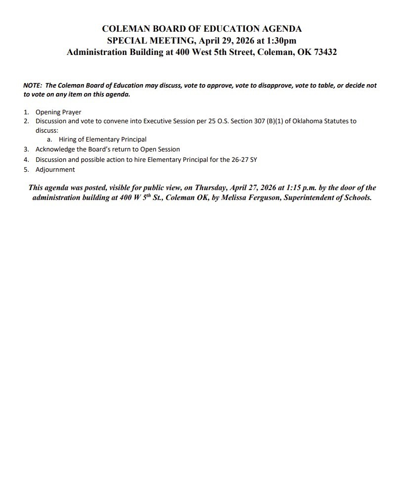 Special Board Meeting Agenda for April 29, 2026