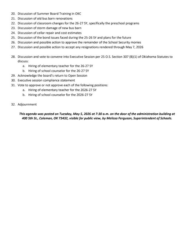 Board Agenda for May 7, 2026